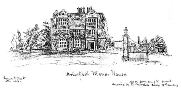 Caption: 'Emma E Thoyts, Dec 1889 Arborfield Manor House - taken from an old pencil drawing by Dr. Breedon early 19th century'