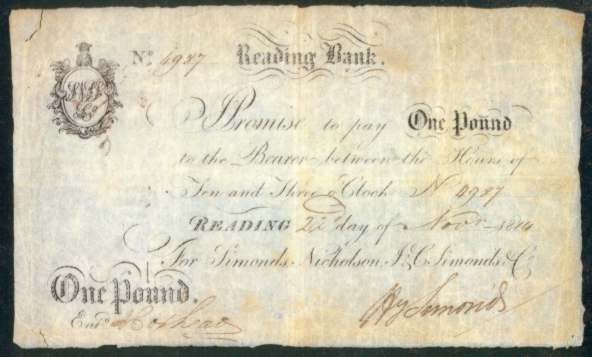 A Banknote issued by the Simonds Bank on 22nd November 1814