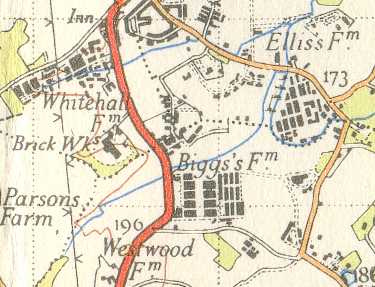 The stream crosses the road south of the old Brickworks. This road is now by-passed. (Ordnance Survey, 1940's)