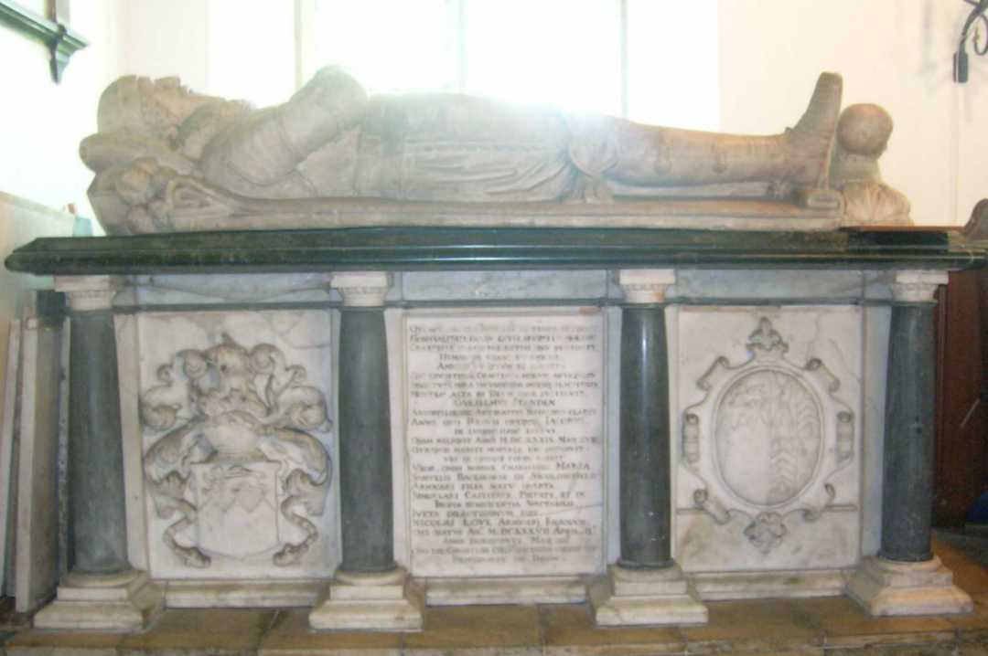 View from the side of the Standen Tomb, showing Latin inscription