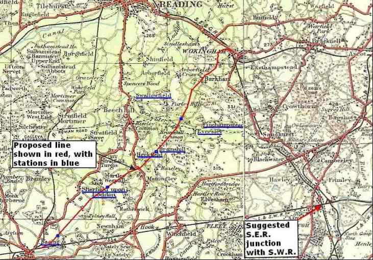 The proposed Basingstoke-Wokingham Railway, shown on a 1920s O.S. map