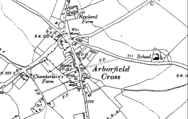 Arborfield Cross in the 1930's from an O.S. 6-inch map - Mr Isaac's field is opposite the School 