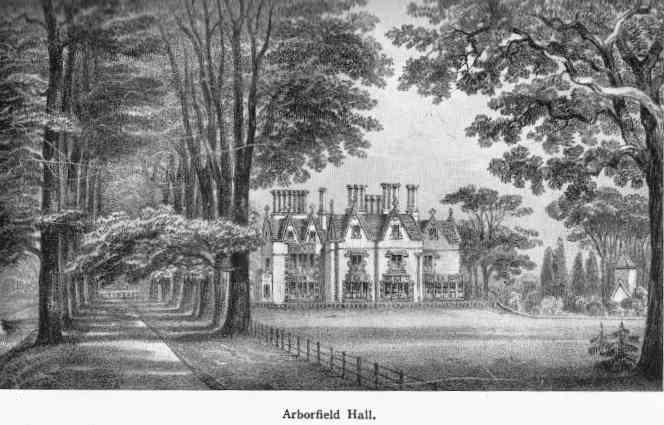 The Victorian Arborfield Hall, with the old church to the right