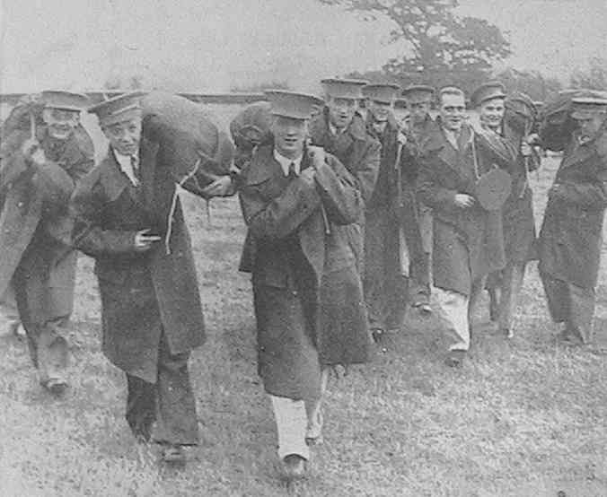 Militiamen arriving at the camp at Arborfield to undergo their training