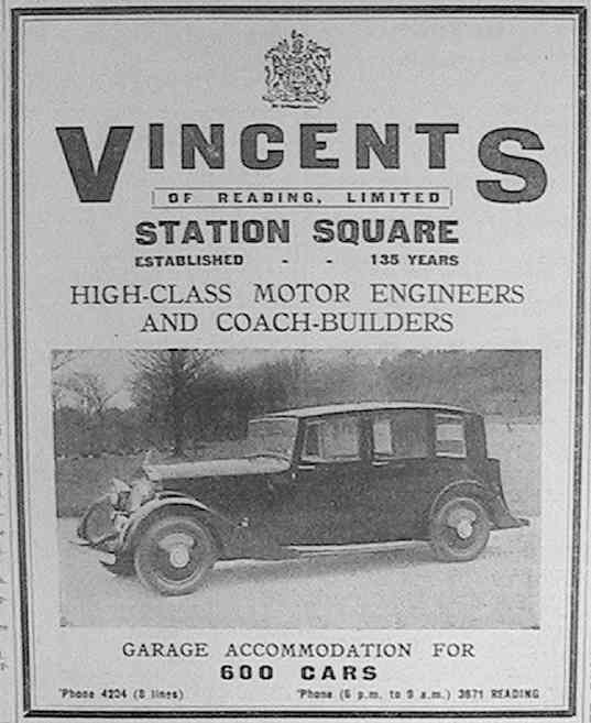 Vincent's advertisement in 'Reading Mercury' from August 10th 1940
